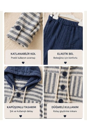 Erkek Bebek Kapüşonlu Müslin Takım - Çizgili Gömlek ve Pantolon Seti