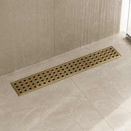 40 cm Antik Sarı Eskitme Lineer 304 Paslanmaz Çelik Kaplamalı Duş Kanalı Izgara Yer Süzgeci Kare Delikli Koku Önleyici