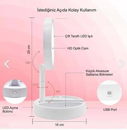 Çift Taraflı Katlanabilir Ledli Makyaj Aynası