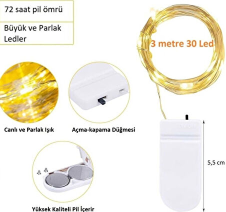 Peri Led Işık|ince Pil Yataklı Kendinden Pilli 3 Metre Gün Işığı Tel Şerit Led Dekoratif Aydınlatma