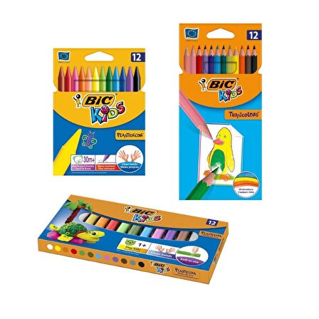 Bic 3 lü Boyama Seti 12 li Kuru Boya+ Silinebilir Mum Pastel Boya+ Kurumayan Oyun Hamuru