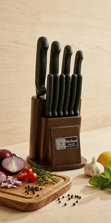 Sürmene Mutfak Bıçak Seti Eskitme Ahşap Standlı 10 Parça Takozlu Çeyiz Bıçak Set Sürbisa 61501 