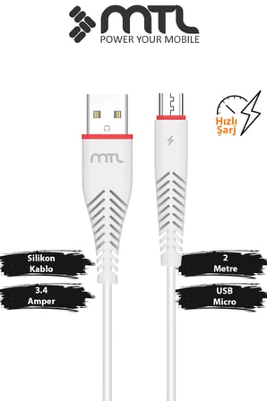 3.4A USB to Micro USB Hızlı Şarj ve Veri Aktarım Kablosu 2 Metre MT2023