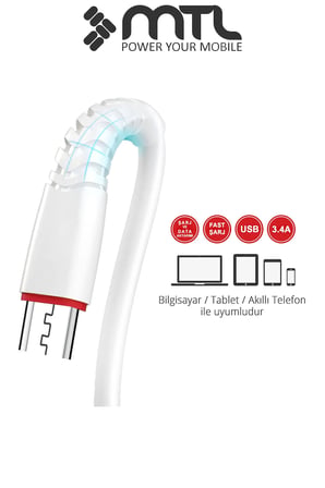 3.4A USB to Micro USB Hızlı Şarj ve Veri Aktarım Kablosu 2 Metre MT2023