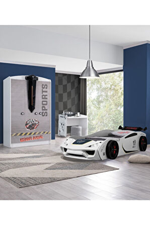 Çocuk Odası - Vento Arabalı Yatak - Sport 3 Kapılı Dolap, Masa - Beyaz