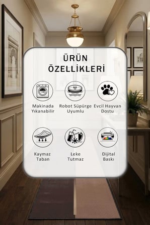 Kahve Çizgi Dijital Baskılı Kaymaz Yıkanabilir Yolluk - Leke Tutmaz Kahve