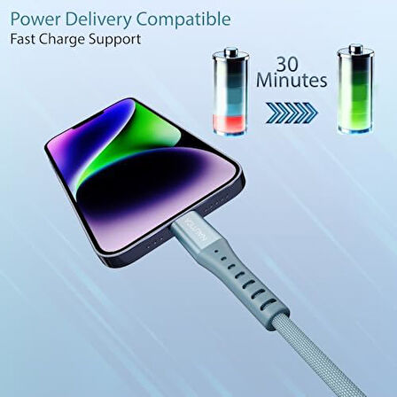 Menashop MetraShop C65 MFI Lightning to USB-A 12W Örgülü Hızlı Şarj ve Data Kablosu 3M Mavi