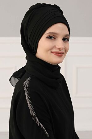 Çapraz Dikim Fularlı Tasarım Şifon Hazır Türban,HT-48