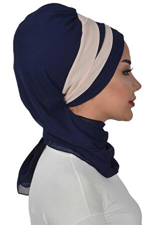 Çapraz Dikim Çift Renkli Fularlı Şifon Hazır Türban,HT-52,HT-52