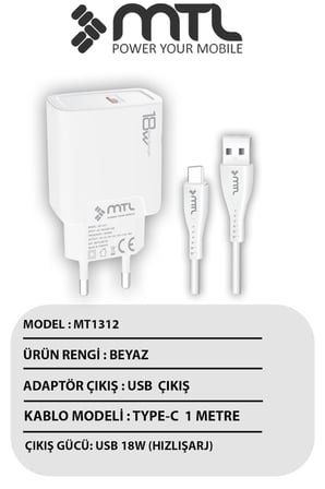 18W QC 3.0 Destekli Hızlı Şarj USB Adaptör + Type-C Usb Kablo Şarj Cihazı Seti MT1312