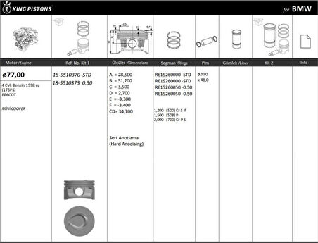 Bmw Piston + Segman 77mm Std Ep6cdtmotor 4 Sil. Benzinli 1598 CC-(175ps) Mini Cooper - Kingpiston 18-5510370