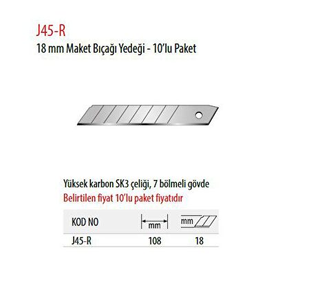 Ceta Form J45-R 18 mm Maket Bıçağı Yedeği - 10’lu Paket