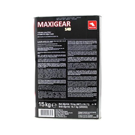 Petrol Ofisi Maxigear 140 15 Kg Mineral Otomotiv Dişli Yağı