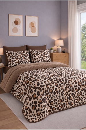 Çift Kişilik Çift Taraflı Leopar Desenli Welsoft Uyku Seti 195x215 cm | %100 Silikon Dolgulu | Çarşaflı | 4 Yastık Kılıflı