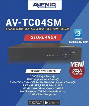 Avenir AV-TC04SM 1080P H265 AHD 4Kanal DVR Kayıt Cihazı (Hybrid)