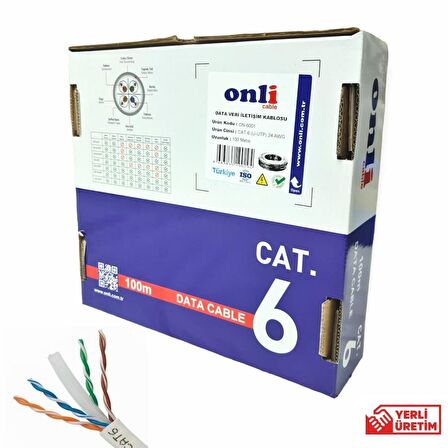 Onli 24AWG UTP CAT6 Network Kablosu Gri 100Mt Yerli Üretim