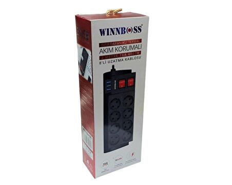 WINNBOSS 2Mt 8li 3xUSB Termal Akım Korumalı Priz 16A 4000W