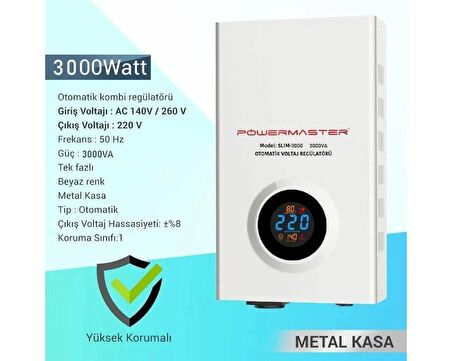 Powermaster 3000VA Otomatik Voltaj Kombi Regülatörü SLIM3000