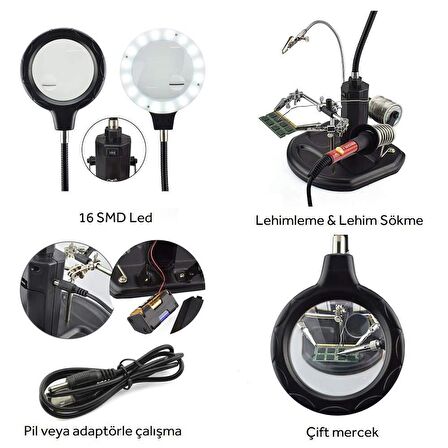 WellHise ACN-129 Masa Üstü Ledli Mini Büyüteç Havya Stand PCB Tutucu