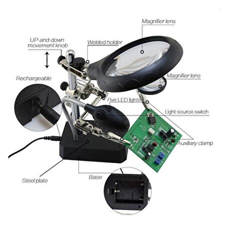 WellHise TE-800 Masa Üstü Ledli Büyüteç Çok Fonksiyonlu Tutacak