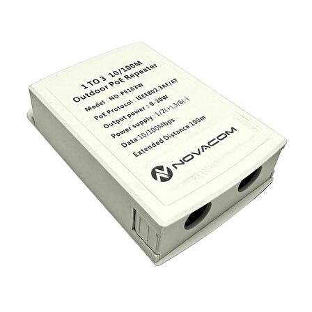 Novacom ND-PE103W 10/100Mbps 1/3 Dış Ortam POE Repeater 100mt 30W