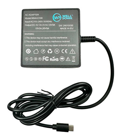 WellPower WNA-C100  5V/9V/12V/15V/20V 3A 100W Type-C Notebook Şarj Adaptör