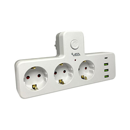 VEA VE-23088 3 Soketli 3xUsb+Type-C Çocuk ve Termal Korumalı Anahtarlı Priz