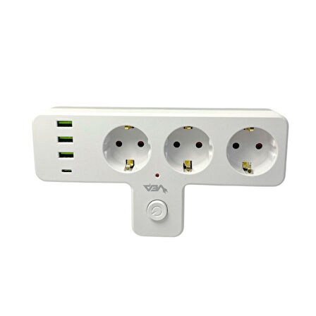 VEA VE-23088 3 Soketli 3xUsb+Type-C Çocuk ve Termal Korumalı Anahtarlı Priz