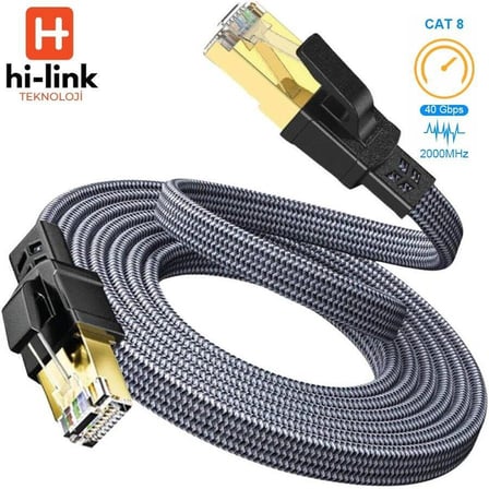 hi-link 20Metre Flat Örgülü Cat8 Ethernet Kablo -  Yüksek Hızlı 40Gbps 2000MHZ