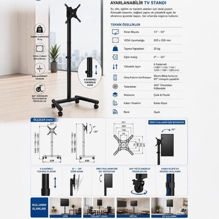 Vontech VT-5022 13-50'' Tekerlekli Ayaklı Hareketli TV Standı