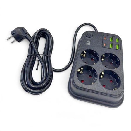hi-link 4 Soketli 2xType-C +4xUSB Girişli 5 Metre Kablolu Akım Korumalı Priz