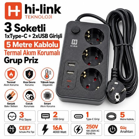 hi-link 3 Soketli 1xTypeC+2xUSB Girişli 5 Metre Kablolu Termal Akım Korumalı Priz