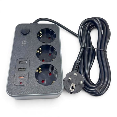 hi-link 3 Soketli 1xTypeC+2xUSB Girişli 5 Metre Kablolu Termal Akım Korumalı Priz