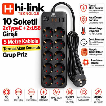 hi-link 10 Soketli 2xType-C +2xUSB Girişli 5 Metre Kablolu Akım Korumalı Grup Priz
