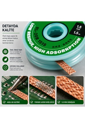 1.5 Mm X 1.5 Metre Lehim Temizleme Ve Emme Teli Düşük Kalıntı Yüksek Emiş Gücü RL-20B-1515