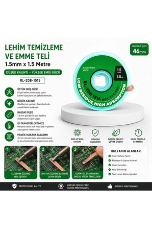 1.5 Mm X 1.5 Metre Lehim Temizleme Ve Emme Teli Düşük Kalıntı Yüksek Emiş Gücü RL-20B-1515