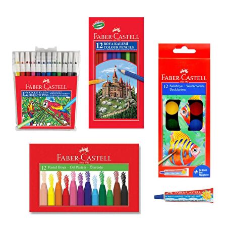 Faber Castell 4 lü Boyama Seti 12 li Kuru + Keçeli + Pastel + Sulu Boya + Sıvı Yapıştırıcı