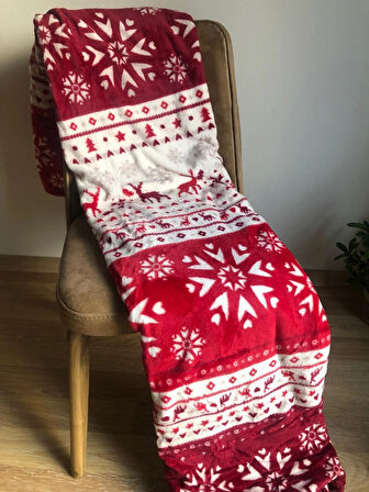 Yılbaşı Temalı Çift Kişilik 200x220 cm Polar Soft Battaniye Bordo Kırmızı Beyaz