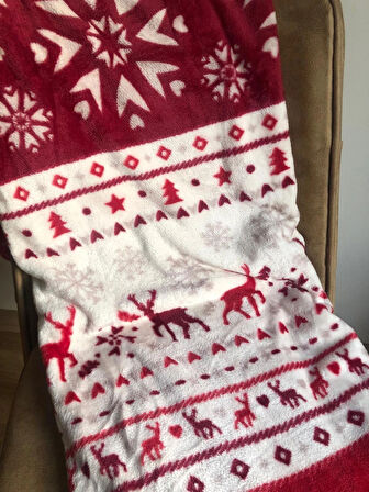 Yılbaşı Temalı Çift Kişilik 200x220 cm Polar Soft Battaniye Bordo Kırmızı Beyaz