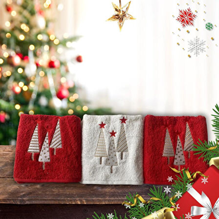 Yılbaşı Özel Tasarım Nakışlı 3'lü Havlu 30x50 cm -7