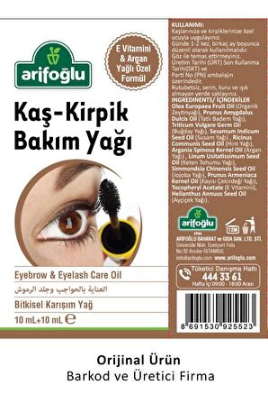 Arifoğlu Kaş Kirpik Bakım Yağı 10 ml + 10 ml -Argan Yağlı & Doğal E Vitaminli