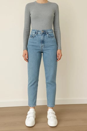 Kadın Likralı Mom Mavi Kar Yıkama Jean Kot Pantolon-3