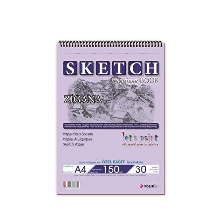 Folix Sketchbook Zigana A4 Spiralli 150 Gr. 30 Yaprak Eskiz Defteri