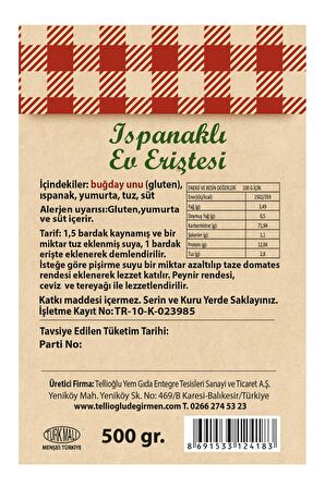 Tellioğlu Ispanaklı Erişte 500 gr