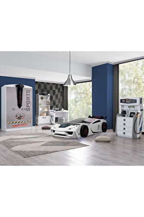 Çocuk Odası - Vento Arabalı Yatak - Sport 3 Kapılı Dolap, Masa, Şifonyer, Kitaplık - Beyaz