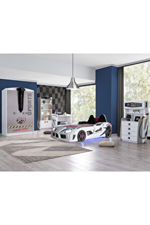 Çocuk Odası - Audi Koltuklu Arabalı Yatak, Sports 3 Kapılı Dolap, Masa, Şifonyer, Kitaplık - Beyaz