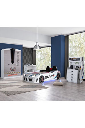 Çocuk Odası - Audi Koltuklu Arabalı Yatak, Sports 3 Kapılı Dolap, Masa, Şifonyer - Beyaz