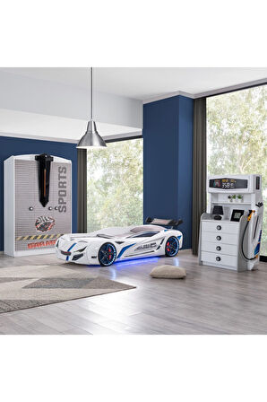 Çocuk Odası - Mercedes Rüzgarlıklı Arabalı Yatak - Sport 3 Kapılı Dolap - Şifonyer