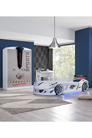 Çocuk Odası - Jaguar Rüzgarlıklı Arabalı Yatak, Sports 3 Kapılı Dolap, Masa - Beyaz