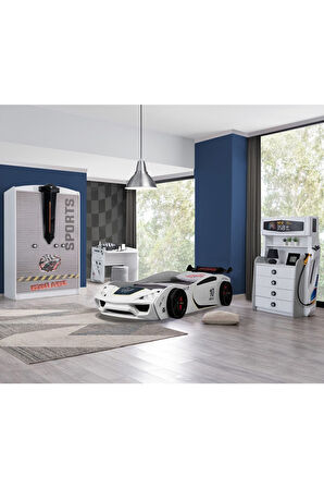 Çocuk Odası - Vento Arabalı Yatak - Sport 3 Kapılı Dolap, Masa, Şifonyer - Beyaz
